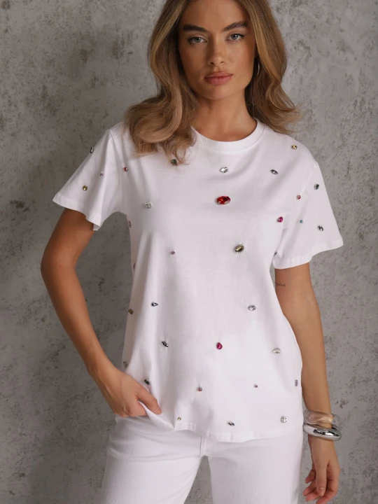 Zdjęcie produktu Biały T-shirt z Cyrkoniami w Różnych Kolorach Varcia Elsa.m By May