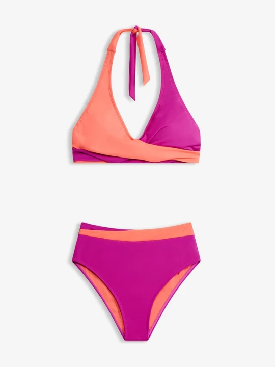 Zdjęcie produktu Bikini w stylu kopertowym z ramiączkami łączonymi na szyi (komplet 2-cz.) BonPrix fioletowy