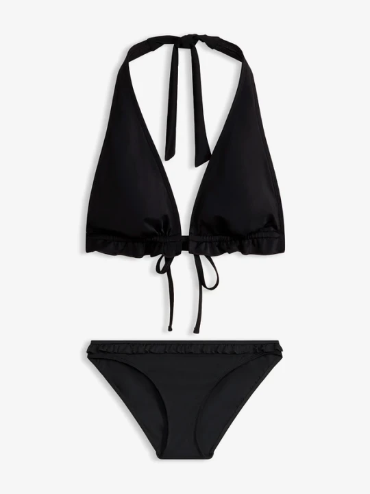 Zdjęcie produktu Bikini z dekoltem halter i falbanką (komplet 2-cz.) BonPrix czarny