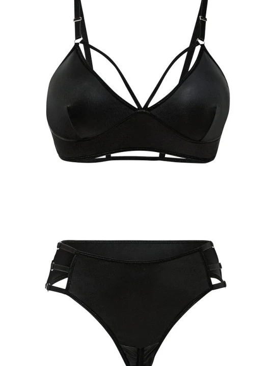 Zdjęcie produktu Biustonosz bustier + stringi ouvert z efektem wetlook (komplet 2-cz.) BonPrix czarny