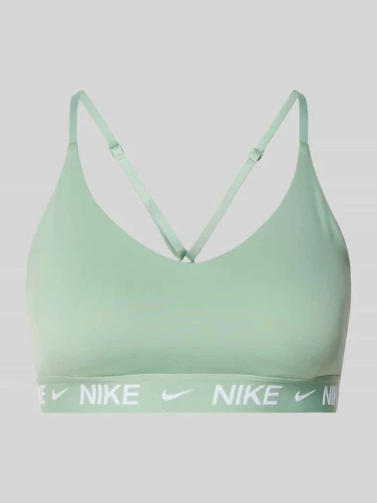 Zdjęcie produktu Biustonosz sportowy o kroju slim fit z nadrukiem z logo model 'Indy' Nike Trzcinowy