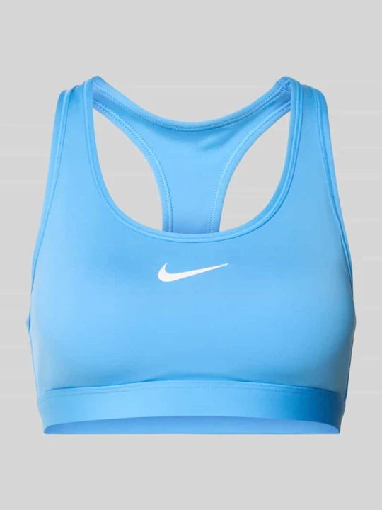 Zdjęcie produktu biustonosz sportowy o kroju slim fit z nadrukiem z logo model 'Swoosh' Nike Niebieski