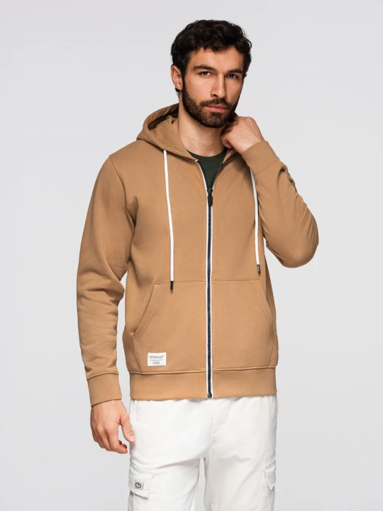 Zdjęcie produktu Bluza bawełniana męska dresowa BASIC rozpinana z kapturem - brązowa V2 - Rozmiar: L Ombre Clothing