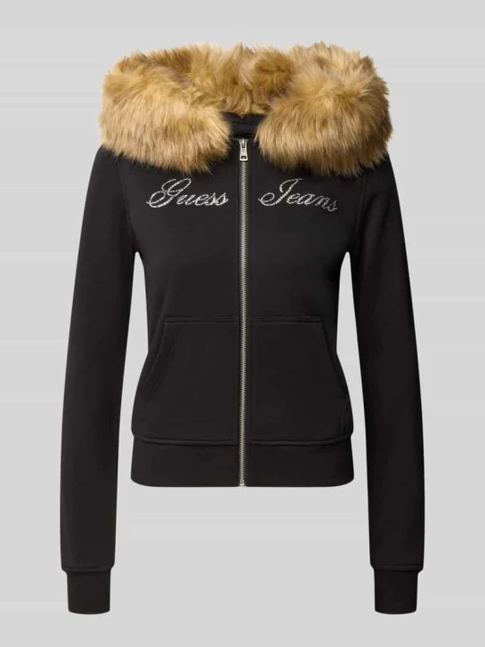 Zdjęcie produktu Bluza dresowa w kroju slim fit z czystej bawełny ze sztucznym futrem Guess Czarny