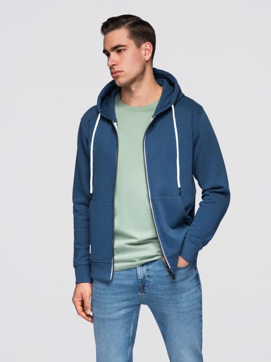 Zdjęcie produktu Bluza męska bawełniana dresowa BASIC rozpinana z kapturem - granatowa V4 - Rozmiar: S Ombre Clothing niebieski