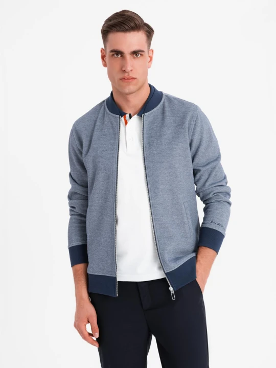 Zdjęcie produktu Bluza męska bomberka z dzianiny pique – granatowa V2 - Rozmiar: S Ombre Clothing