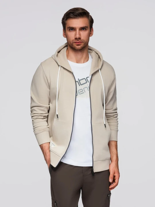 Zdjęcie produktu Bluza męska dresowa BASIC rozpinana z kapturem - jasnobeżowa V1 Ombre Clothing beżowy