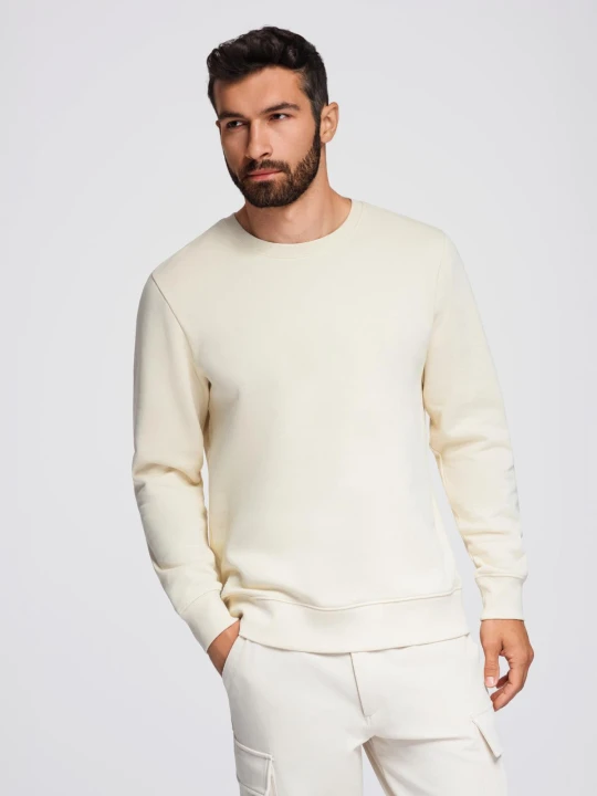 Zdjęcie produktu Bluza męska dresowa BASIC z okrągłym dekoltem - kremowa V11 - Rozmiar: M Ombre Clothing kremowy