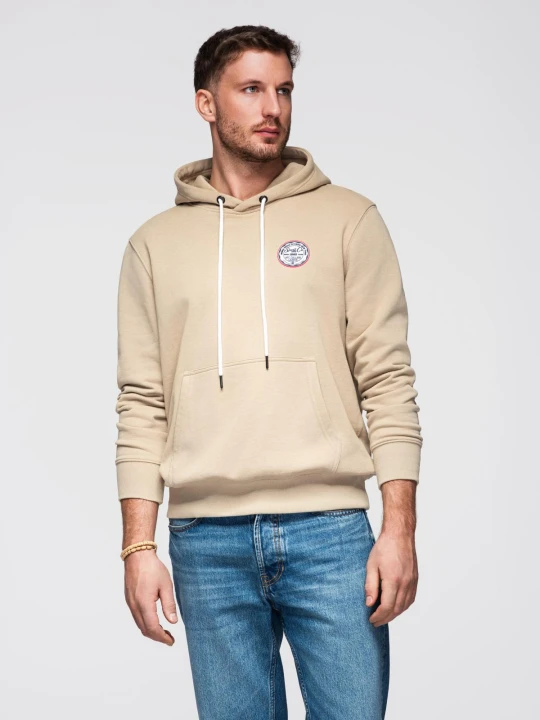 Zdjęcie produktu Bluza męska dresowa kangurka z kapturem i naszywką w stylu college – piaskowa V3 - Rozmiar: L Ombre Clothing piaskowy