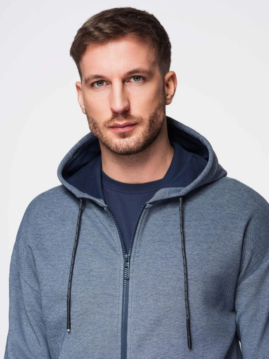 Zdjęcie produktu Bluza męska dresowa z kapturem o delikatnej strukturze – granatowa V2 - Rozmiar: M Ombre Clothing