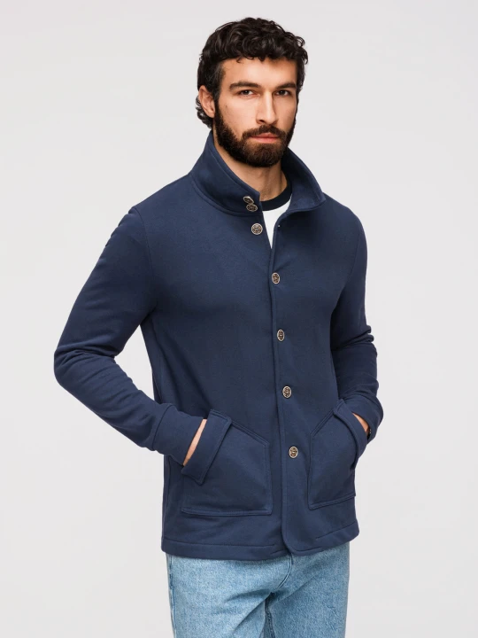 Zdjęcie produktu Bluza męska dzianinowa zapinana na guziki ze stójką – granatowa V4 Ombre Clothing
