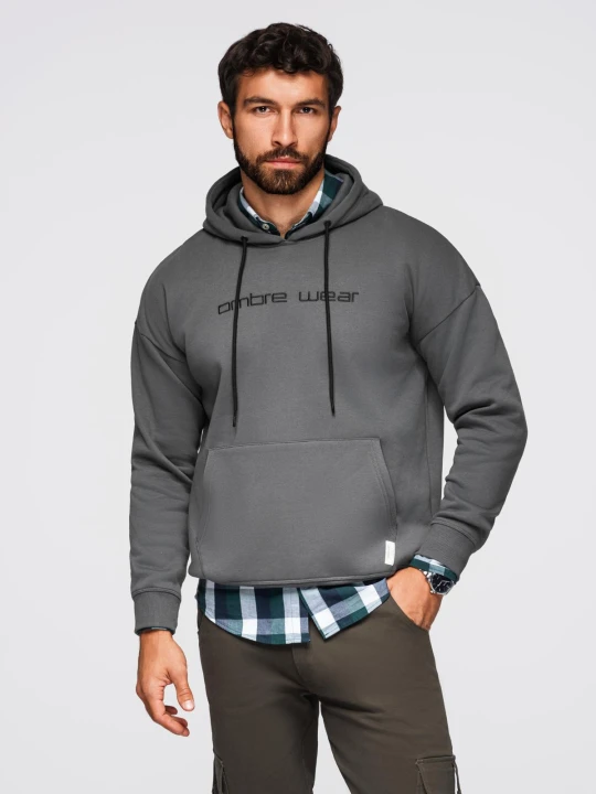 Zdjęcie produktu Bluza męska kangurka z haftem i kapturem – grafitowa V2 Ombre Clothing grafitowy