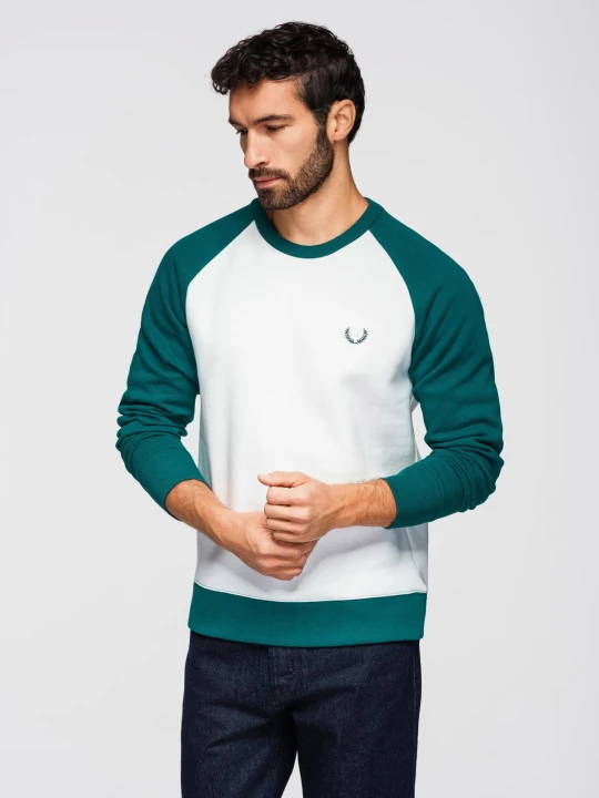 Zdjęcie produktu Bluza męska kontrastowa z reglanowym rękawem - kremowo-ciemnozielona V1 Ombre Clothing kremowy