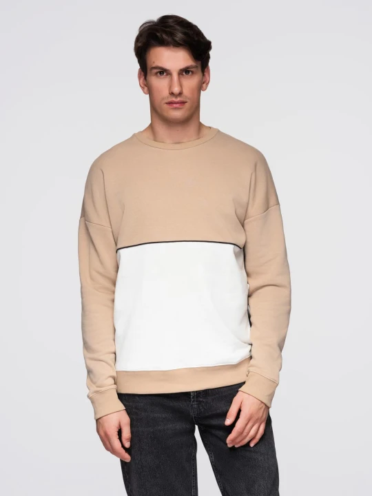 Zdjęcie produktu Bluza męska OVERSIZE z kontrastowym łączeniem kolorów - beżowa V2 - Rozmiar: L Ombre Clothing
