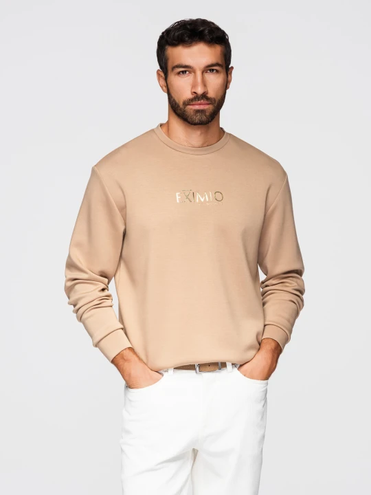 Zdjęcie produktu Bluza męska regular z błyszczącym printem na klatce piersiowej - beżowa V3 Ombre Clothing