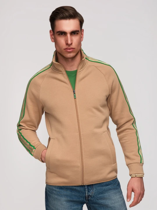 Zdjęcie produktu Bluza męska rozpinana z kontrastowymi lampasami i wysoką stójką – brązowa V1 - Rozmiar: XL Ombre Clothing