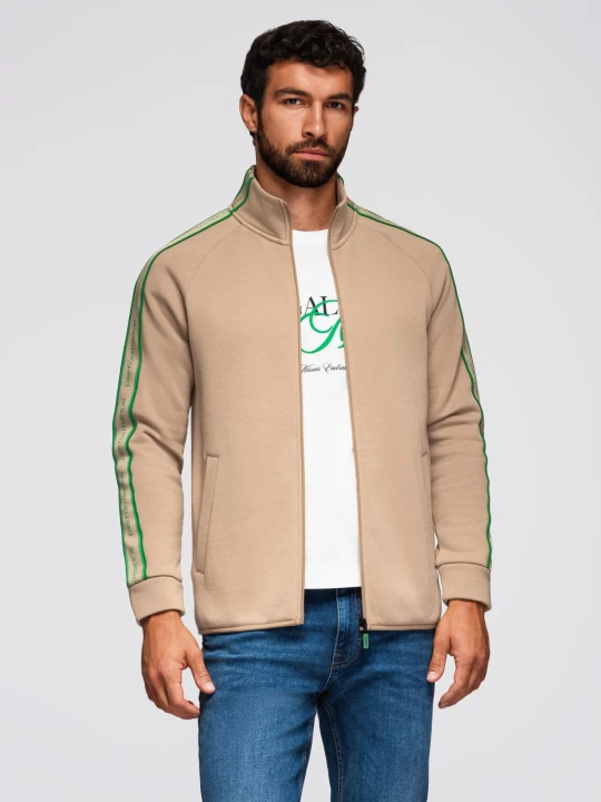 Zdjęcie produktu Bluza męska rozpinana z lampasami i wysoką stójką – brązowa V1 Ombre Clothing