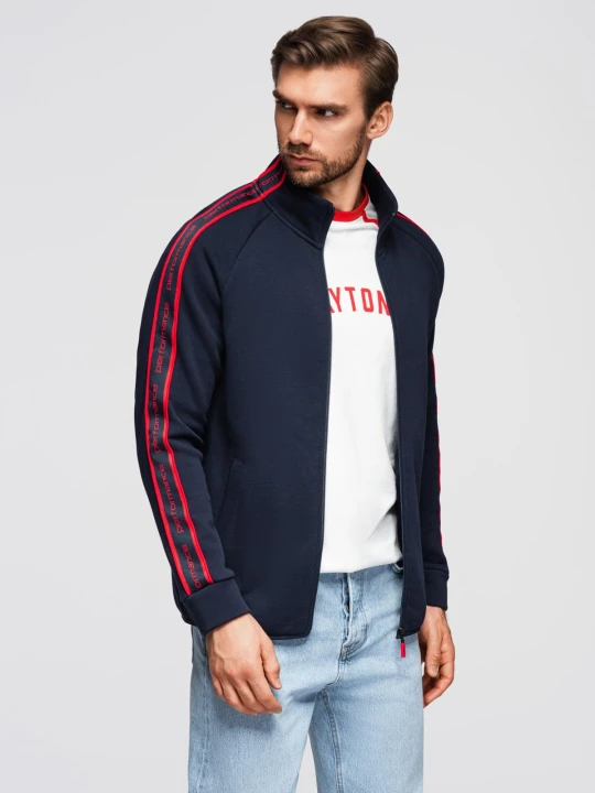 Zdjęcie produktu Bluza męska rozpinana z lampasami i wysoką stójką – granatowa V3 Ombre Clothing