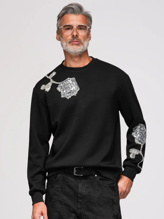 Zdjęcie produktu Bluza męska z aplikacjami w kształcie róży ze srebrnych cekinów i koralików z okrągłym dekoltem - czarna V1 - Rozmiar: XL Ombre Clothing