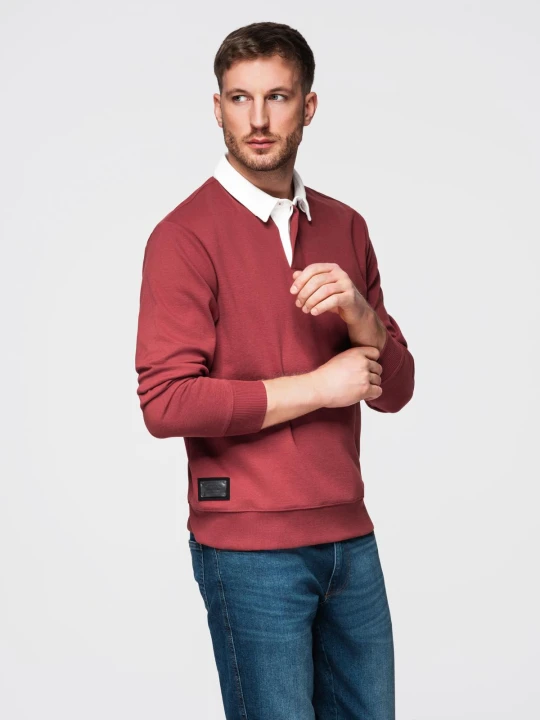 Zdjęcie produktu Bluza męska z białym kołnierzykiem polo - bordowa V3 - Rozmiar: S Ombre Clothing