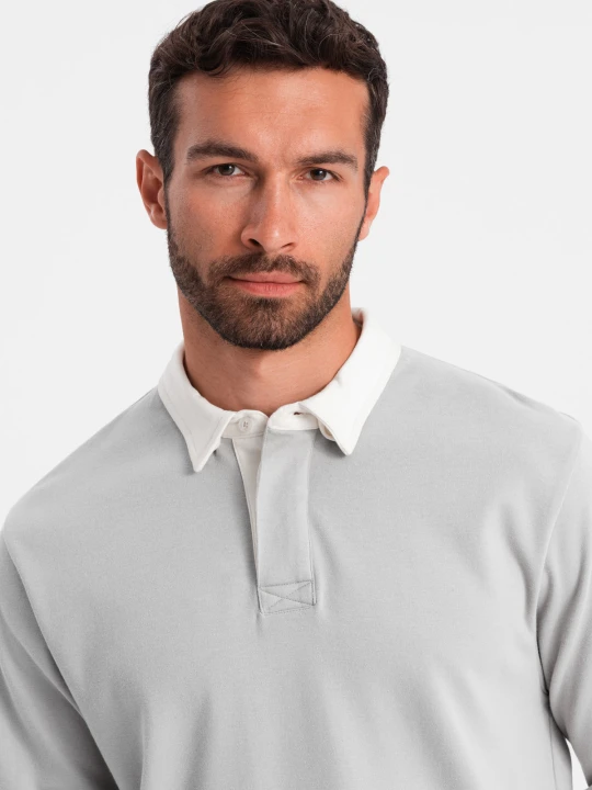 Zdjęcie produktu Bluza męska z białym kołnierzykiem polo - popielata V7 - Rozmiar: L Ombre Clothing popielaty