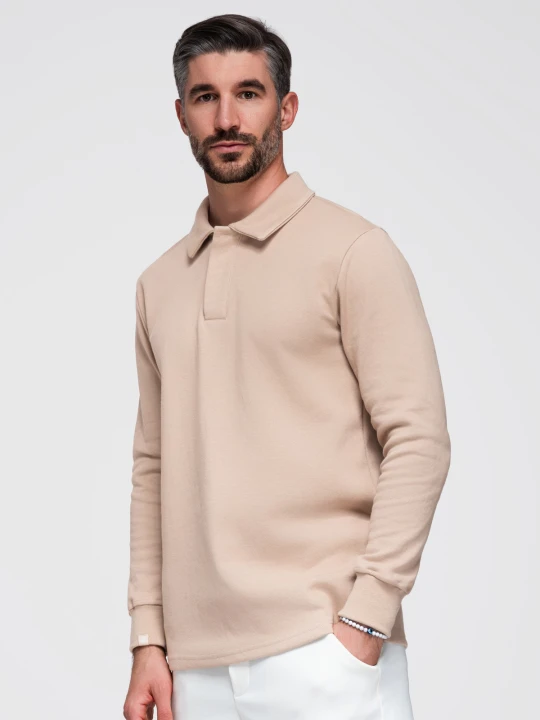 Zdjęcie produktu Bluza męska z kołnierzykiem polo ze strukturalnej dzianiny - beżowa V2 Ombre Clothing