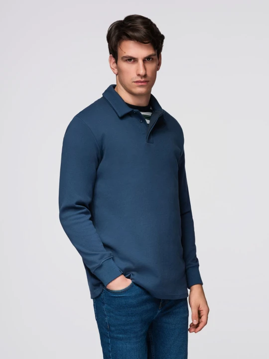 Zdjęcie produktu Bluza męska z kołnierzykiem polo ze strukturalnej dzianiny - ciemnoniebieska V5 Ombre Clothing granatowy