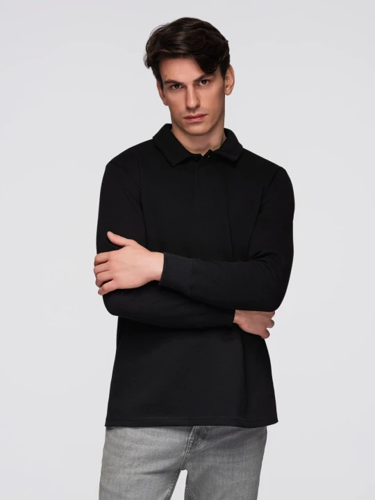 Zdjęcie produktu Bluza męska z kołnierzykiem polo ze strukturalnej dzianiny - czarna V8 Ombre Clothing