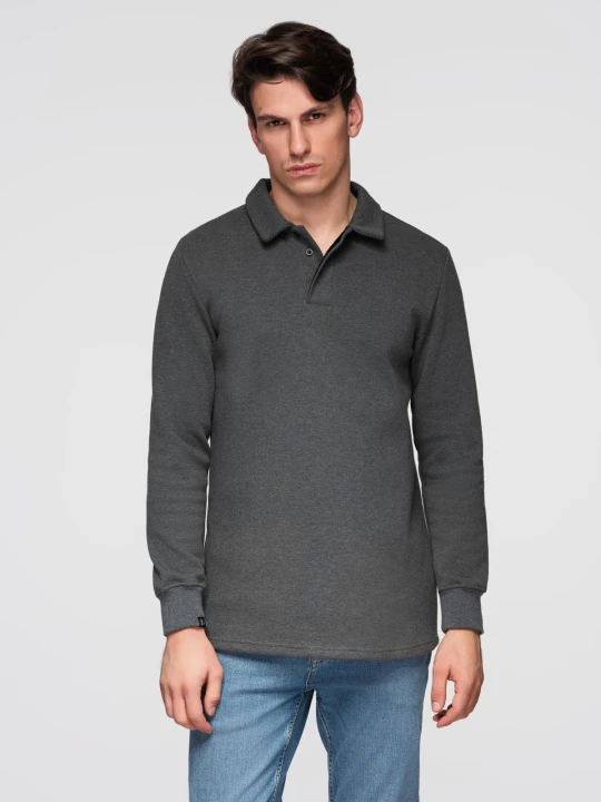 Zdjęcie produktu Bluza męska z kołnierzykiem polo ze strukturalnej dzianiny - grafitowy melanż V1 - Rozmiar: M Ombre Clothing