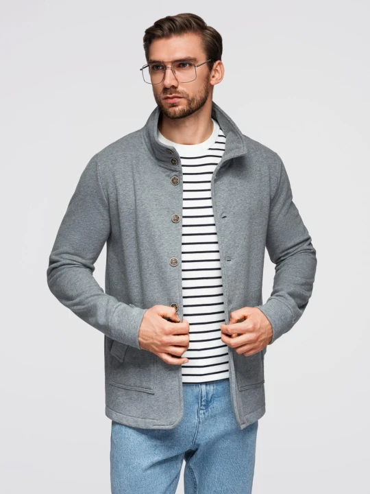 Zdjęcie produktu Bluza męska zapinana na guziki ze stójką – szary melanż V7 - Rozmiar: L Ombre Clothing