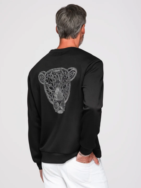 Zdjęcie produktu Bluza męska ze srebrno-czarną aplikacją pantery na plecach z okrągłym dekoltem - czarna V1 - Rozmiar: L Ombre Clothing