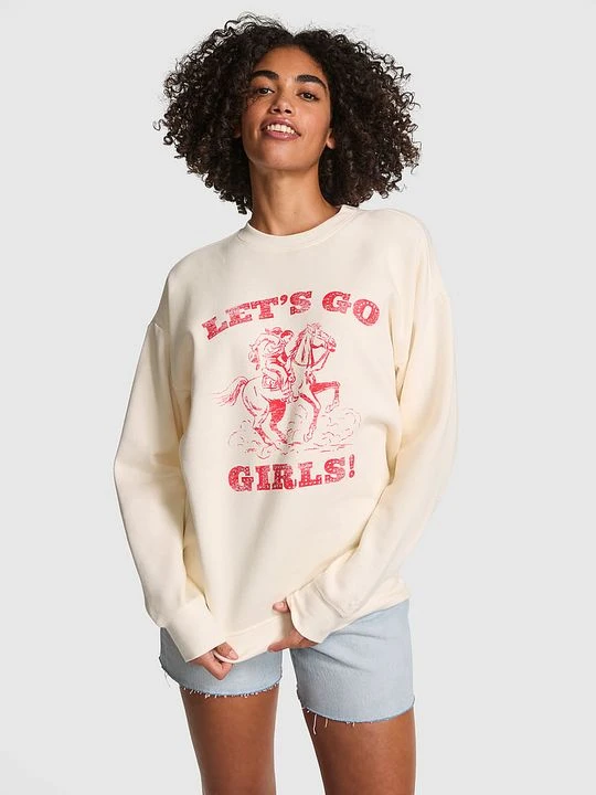 Zdjęcie produktu PINK Bluza bawełniana z okrągłym dekoltem Campus Oversize Victoria's Secret Beżowy