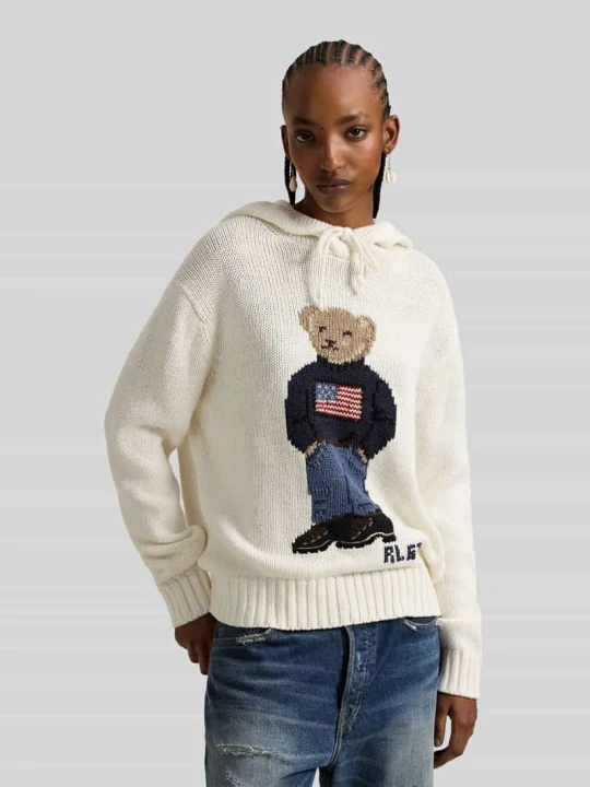 Zdjęcie produktu Bluza z kapturem z dzianiny o kroju comfort fit z intarsją z Nadruk Polo Bear Polo Ralph Lauren Écru