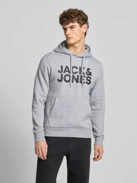 Zdjęcie produktu Bluza z kapturem z nadrukiem z logo i kieszenią kangurka Jack&Jones Jasnoszary melanż