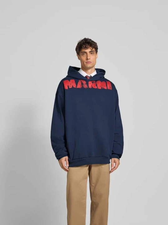 Zdjęcie produktu Bluza z kapturem o kroju relaxed fit z nadrukiem z logo Marni Królewski niebieski