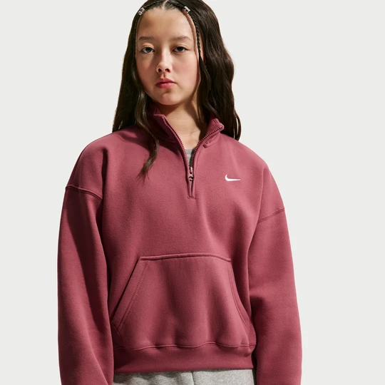 Zdjęcie produktu Bluza z zamkiem 1/4 o kroju oversize dla dużych dzieci (dziewcząt) Nike Studio Fleece - Czerwony