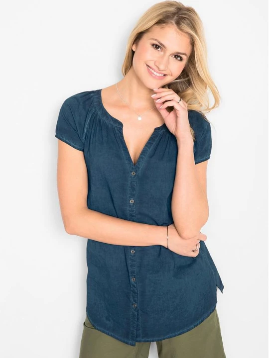 Zdjęcie produktu "Bluzka bawełniana ""cold-dyed"", krótki rękaw, ze zrównoważonej bawełny" BonPrix niebieski