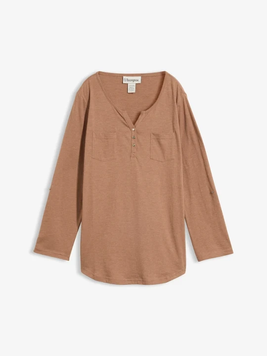 Zdjęcie produktu Bluzka bawełniana z dekoltem henley z plisą guzikową BonPrix brązowy
