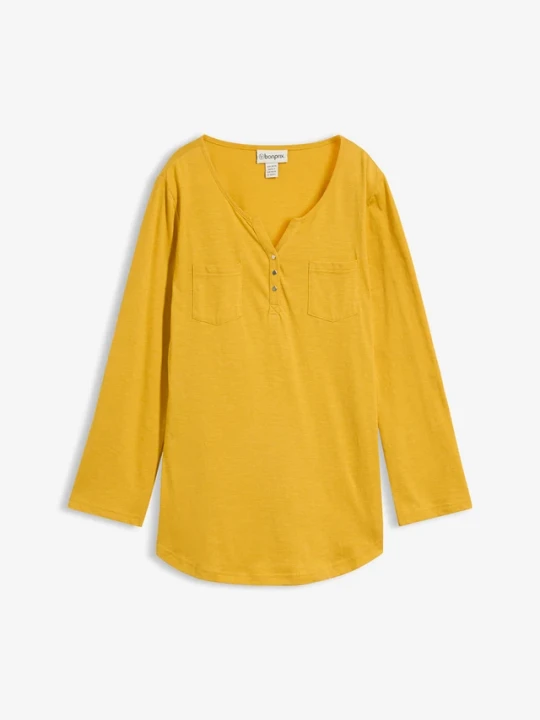 Zdjęcie produktu Bluzka bawełniana z dekoltem henley z plisą guzikową BonPrix żółty