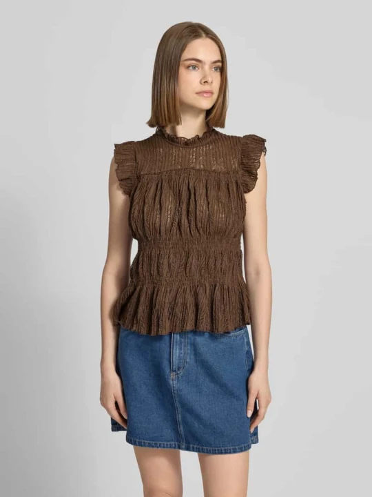 Zdjęcie produktu Bluzka bez rękawów w kroju slim fit z marszczonym kołnierzem model 'SHAILA' Only Czekoladowy