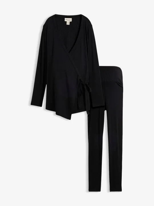 Zdjęcie produktu Bluzka ciążowa o kopertowym kroju i wygodne legginsy (komplet 2-cz.) BonPrix czarny