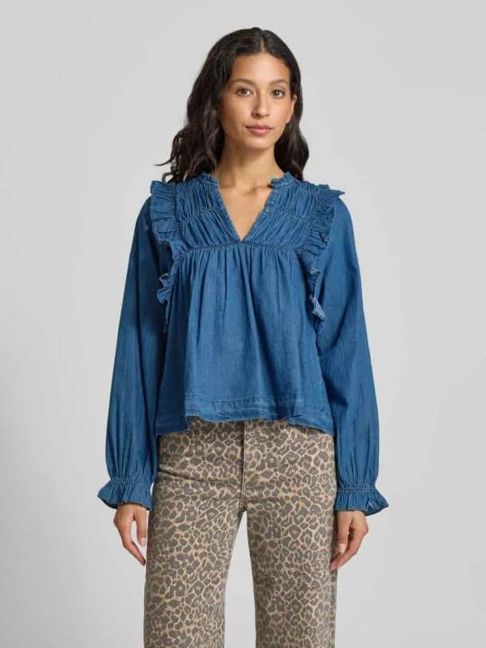Zdjęcie produktu Bluzka jeansowa o kroju regular fit z falbanami model ‘Janis’ NEO NOIR Niebieski