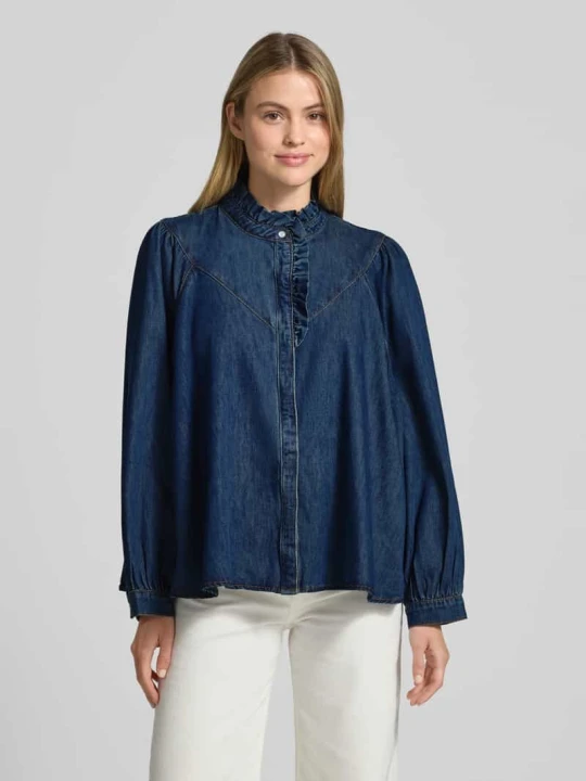Zdjęcie produktu Bluzka jeansowa o kroju regular fit z falbanami model ‘LIVELY’ Suncoo Ciemnoniebieski