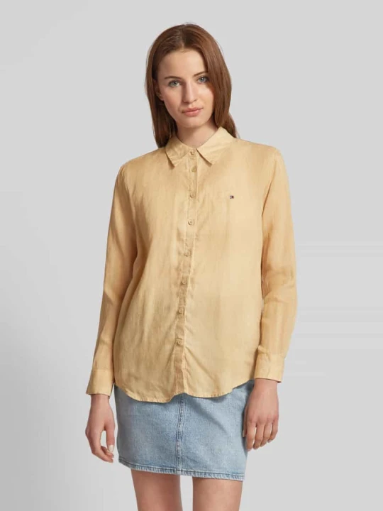 Zdjęcie produktu Bluzka koszulowa lniana z wyhaftowanym logo Tommy Hilfiger Beżowy
