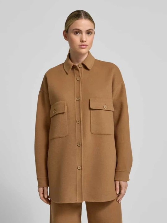 Zdjęcie produktu Bluzka koszulowa o kroju oversized z mieszanki wełny z nakładanymi kieszeniami na piersi Style Icon Collection Camel