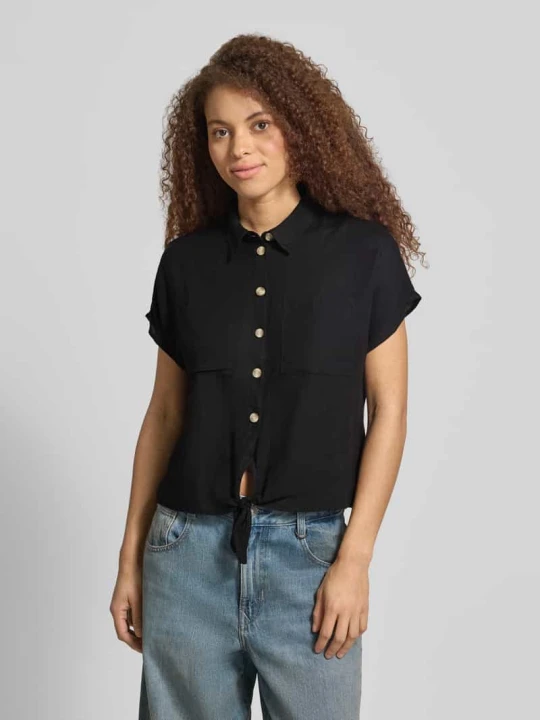 Zdjęcie produktu bluzka koszulowa o kroju regular fit z mieszanki wiskozy i lnu model 'PIA' Pieces Czarny