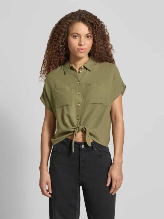 Zdjęcie produktu bluzka koszulowa o kroju regular fit z mieszanki wiskozy i lnu model 'PIA' Pieces Khaki