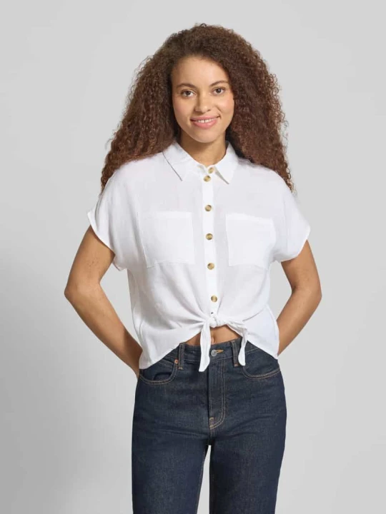 Zdjęcie produktu bluzka koszulowa o kroju regular fit z mieszanki wiskozy i lnu model 'PIA' Pieces Biały