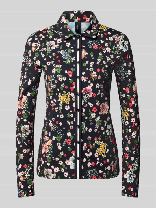 Zdjęcie produktu bluzka koszulowa o kroju slim fit z kwiatowym nadrukiem na całej powierzchni Marc Cain Granatowy