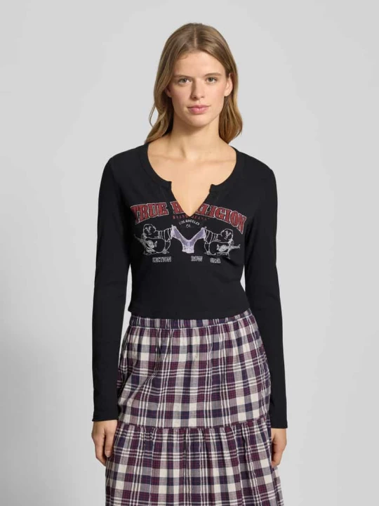 Zdjęcie produktu Bluzka krótka z długim rękawem i nadrukiem z logo model ‘BUDDHA’ True Religion Czarny